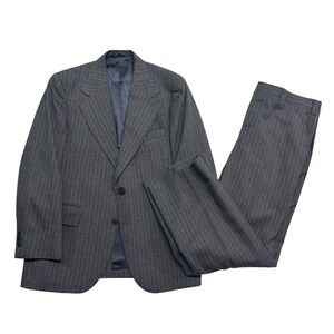 vtg 70s Gray Pinstripe 40S 36x30 USA Made 2pc Pant Suit Wool Retro Classic